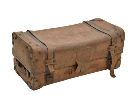 Early 20th century Insall of Bristol brown leather and studded suitcase / trunk, lined interior with three wood coat hangers 