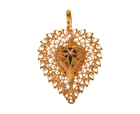 Eastern filigree gold pendant, having red and green enamel decoration, unmarked, 9.1g approx