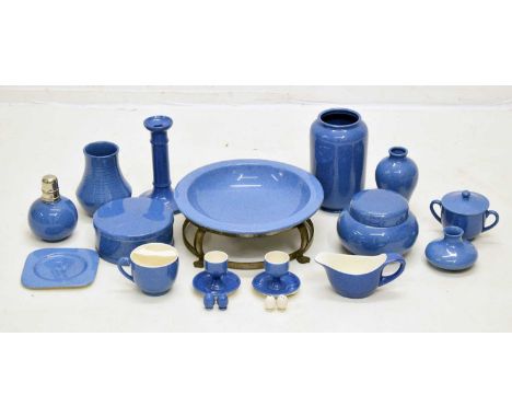 Moorcroft - Collection of powder-blue wares, to include centrepiece raised on metal stand, vases, ginger jar, candlestick, eg