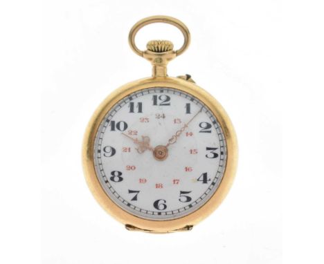 Early 20th century lady's Swiss 18k yellow metal fob watch, the white enamel dial Arabic hour markers enclosing red 24-hour t