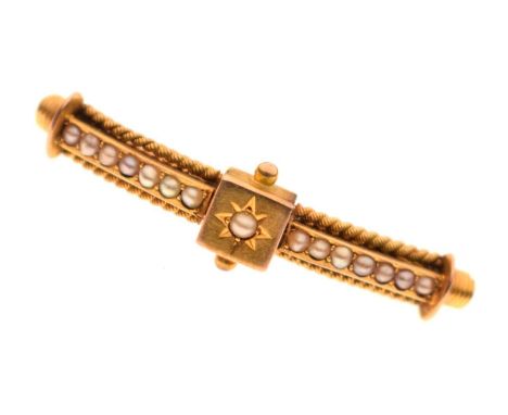 Early 20th century seed pearl yellow metal brooch, with rope-edge border, unmarked (converted from a bangle), 3.9g gross appr
