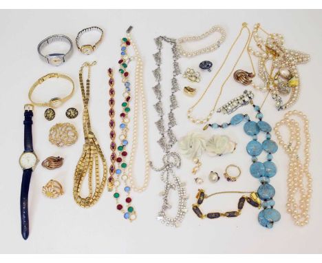 Small quantity of vintage costume jewellery to include faux pearl necklaces, crystal necklaces, marcasite necklace, fashion w