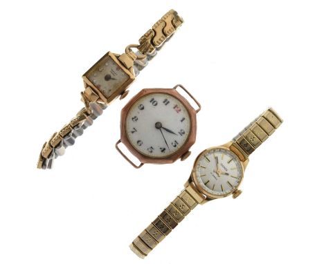 Post-First World War 9ct gold cased trench-style watch head, the white enamel dial with Arabic hour markers and blued steel h