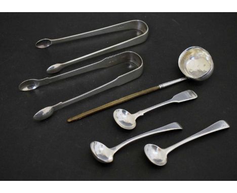 George III silver toddy ladle, sponsor's mark of Elizabeth Morley, London 1803, two silver sugar tongs London 1798 and 1816, 