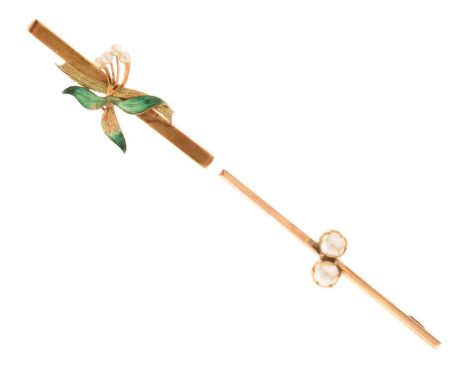 Two yellow metal bar brooches, each stamped '15', one with green enamel and seed pearl decoration, the other two cultured pea