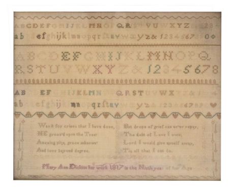 George III needlework sampler, Mary Ann Dickins her work 1817 in the ninth year of her age', with alphabetical letters and wo