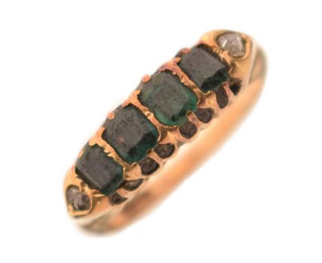 Victorian diamond and green stone ring, the four faceted rectangular green stones set flush with two rose cut diamonds to the