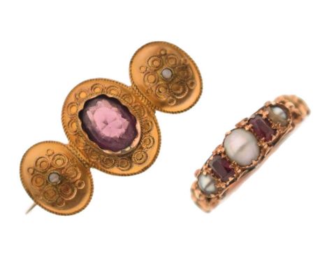 Early to mid 19th century ruby and split pearl ring, unmarked yellow metal, size L, 1.9g gross approx, plus a pinchbeck brooc