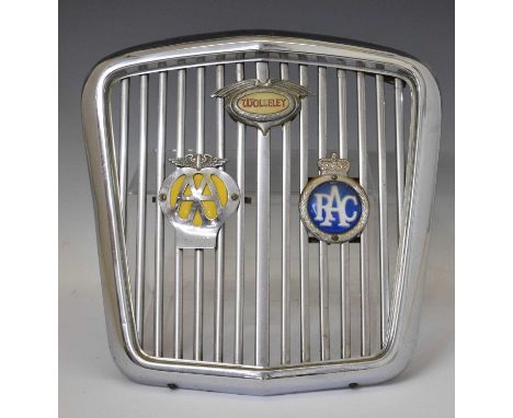 Vintage Wolseley chrome-plated car radiator cover with RAC and AA badges, 42cm wide x 42cm high 