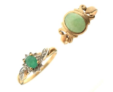 Emerald and diamond 9ct gold ring, size P, and a jade 9ct gold ring, size P, 4.9g gross approx (2)