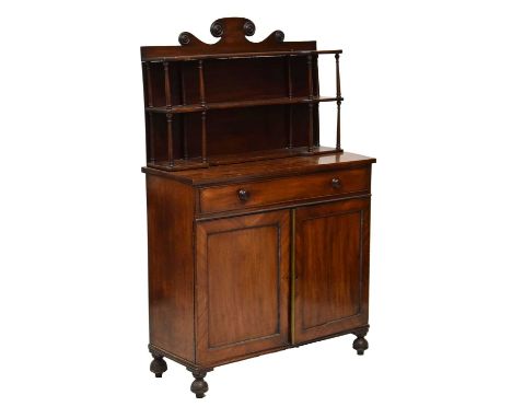 Mid 19th century rosewood chiffonier bookcase, the three-tier upper shelf section over two-door cupboard base, 93cm x 37cm x 