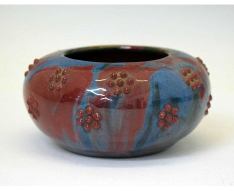 Elton Ware (Clevedon) - Pottery bowl, ovoid form, decorated with prunt clusters on a streaked blue and red ground, unsigned, 