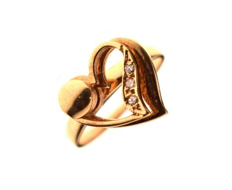 Diamond set double heart motif spinning or fidget ring, stamped '14K', size K½, 3g gross approx