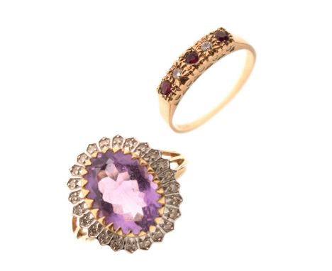 Two 9ct gold dress rings, comprising a ruby and diamond five-stone ring, size N, and an amethyst and diamond cluster ring, si
