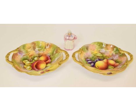 Pair later 20th century outside decorated porcelain twin-handled dishes, painted with fruit on a woodland bank by F R Budd, t