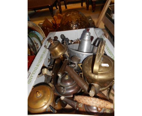 A box of assorted metalware to include a Harrods silver-plated sugar sifter, copper and brass kettles, a Victorian brass coun