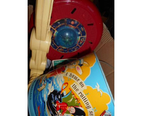 A box of vintage toys to include razor ray gun, flying saucer, tin plate toys and three tin plate buckets etc