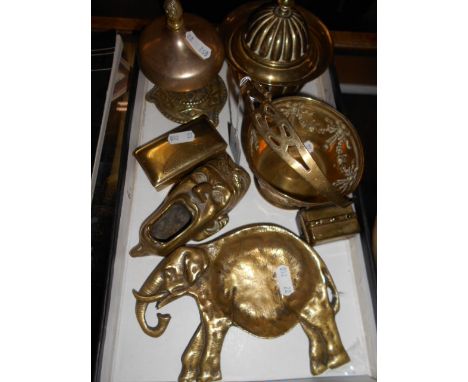 A 19thC brass travelling inkwell and stamp box together with a brass counter bell, embossed bucket, jelly mould etc