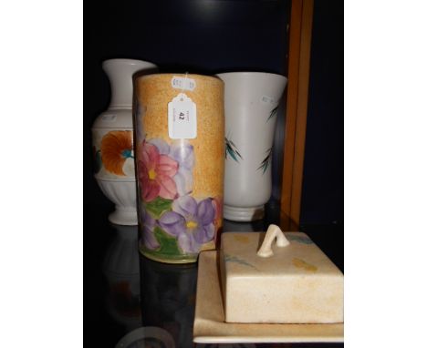 Three mid-20th C Radford vases each hand-painted with flowers and a butter dish