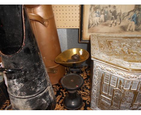 A tapering copper coal scuttle together with another similar plus a set of iron and brass kitchen scales and weights and embo