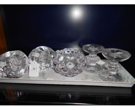A pair of Timo Serpaneva glass candlesticks, a pair of Kosta Boda snowball candlesticks designed by Ann Warff plus an Orrefor