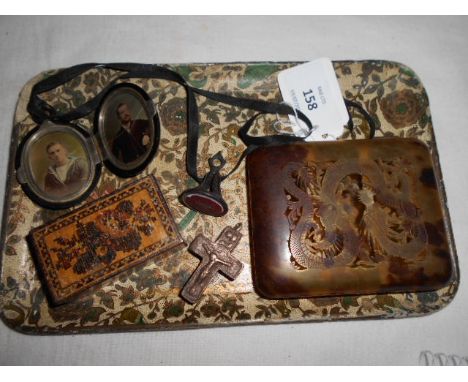 A mixed selection to include Tunbridge ware trinket box, tortoiseshell cigarette case with fret-work dragon decoration, metal