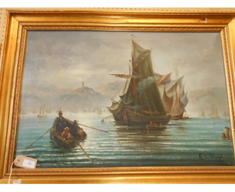 R VOLKOV (Russian, 20thC) oil on canvas depicting ships at sea, signed to lower right and framed in gilt