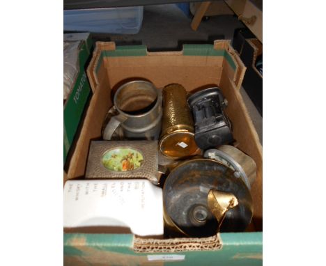 A box of assorted items to include pewter dish, tankard, trinket box, vintage cycle lamp, car clock etc