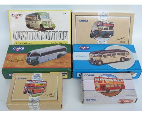 Six Corgi and Corgi Commercials diecast model buses comprising Southern National Bedford OB Coach D494/24, Grey Green AEC Reg