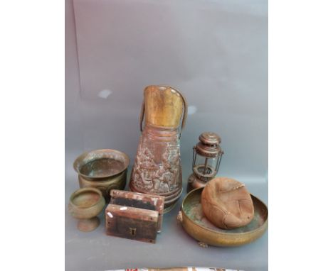 Vintage copper items, brass, ceramic jug, tins, disco ball, hurricane lamp etc