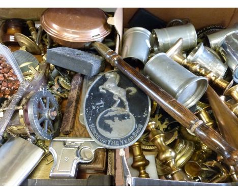 A large quantity of metalware to include novelty items, hip flask formed as a pistol, candlesticks, tankard etc