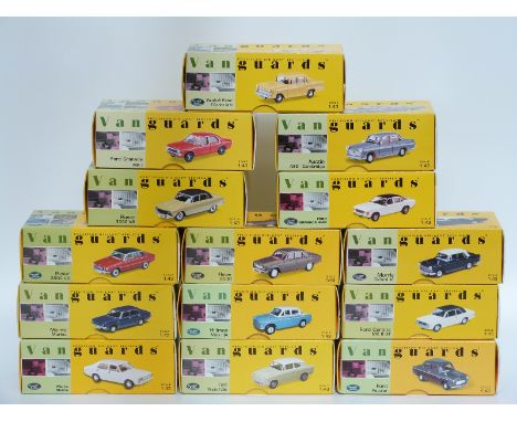 Fourteen Vanguards 1:43 scale diecast model cars, all in original boxes