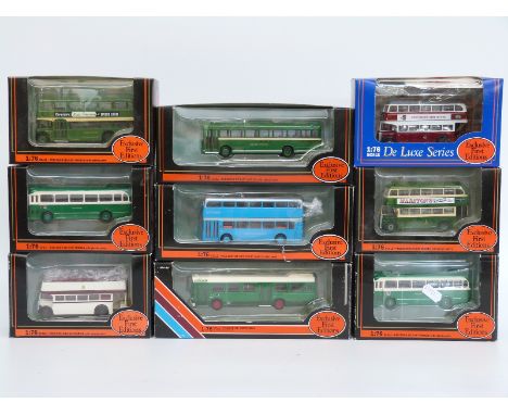 Nine Exclusive First Editions (EFE) diecast model buses including Deluxe Series, all in original boxes