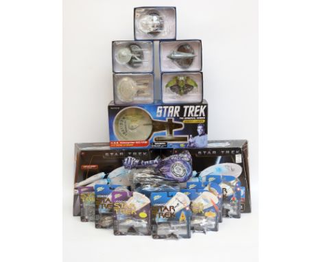 Sixteen Star Trek diecast model spaceships including Johnny Lightning Legends of Star Trek, Playmates USS Enterprise, Star Tr