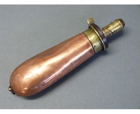 James Dixon and Sons copper and brass pistol powder flask stamped 'Fireproof' and with single suspension loop, 17cm long. 