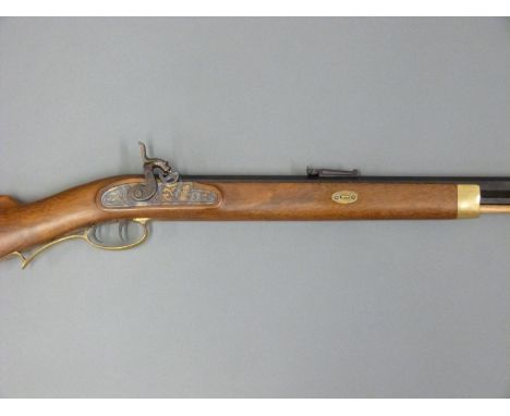 Italian .451 Kentucky style rifle with deeply engraved lock, brass butt plate, trigger guard and mounts, storage compartment 