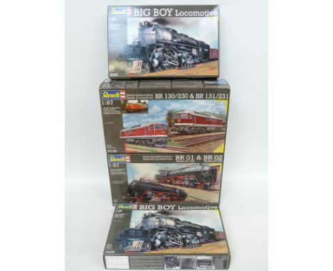 Four Revell 1:87 scale model locomotive kits Express Locomotives BR01 & BR02 01258, Diesel Locomotives BR 1301230 & BR 131/23