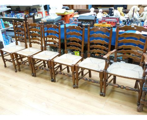 Six rush-seated oak ladder back dining chairs (5+1) with bobbin stretchers