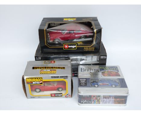 Four Burago, Sun Star and other diecast model vehicles including The Beatles Single Sleeve Die-Cast Collectable Series 1 Taxi