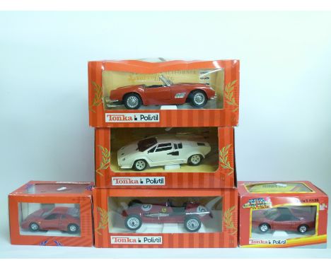 Five Tonka Polistil 1:18 scale diecast model sports cars, all in original boxes 