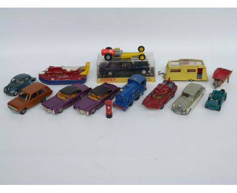 Fourteen Dinky Toys diecast model cars and accessories including Spectrum Patrol Car, train, Cadillac Eldorado and Rolls Royc