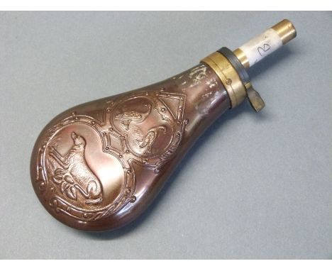 Copper and brass powder flask with embossed decoration of a dog and two birds surrounded by an ornate border to both sides, 1