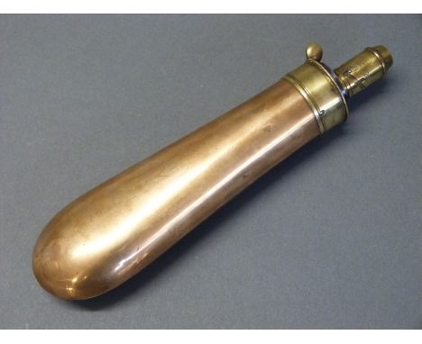 G & J W Hawksley copper and brass pistol powder flask of slender proportions, 20.5cm long. 