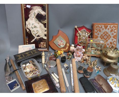 A quantity of collectables including hallmarked silver handled items, buttons, oriental brass or bronze censer, animals, case