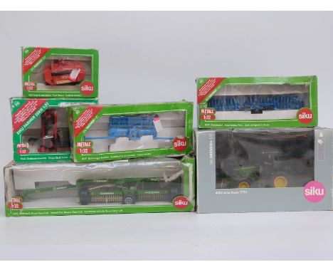 Six Siku 1:32 scale diecast model tractors and farm machinery John Deere 5720 4452, Towed Disc Mower 2455, Silage Block Cutte