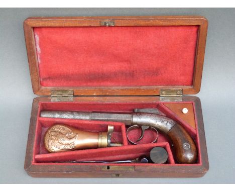 Allen Thurber & Co percussion bar hammer action pistol with engraved lock, shaped walnut grip, hammer stamped 'Allen's Patent