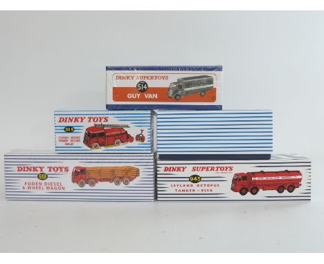 Five Atlas Editions Dinky Toys and Dinky Supertoys diecast model vehicles French Fire Engine 32E, Guy Van 514, Foden Diesel 8