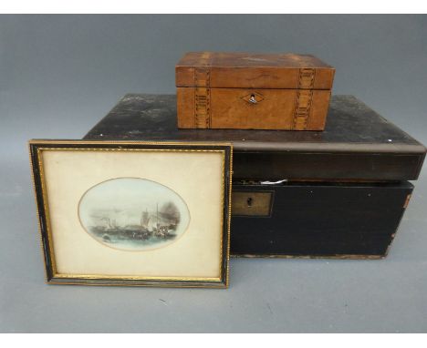A Victorian brass bound and inlaid writing slope dated 1873, a wooden box and framed print 
