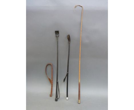Four various whips/hunting crops included a braided leather example by Cliff-Barnsby