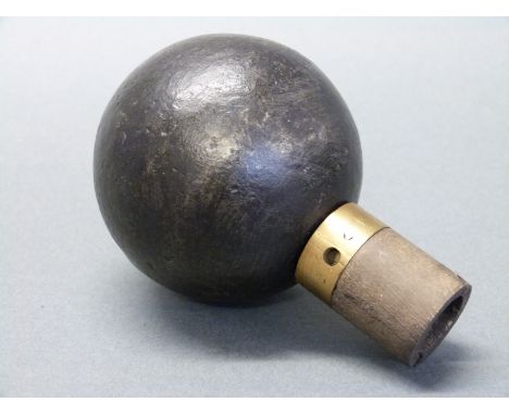 Model 1847 French WWI inert ball grenade with wooden and brass plug, 8cm in diameter